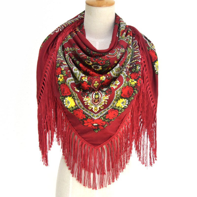 Babushka Scarf Russian Pashmina Handkerchief Shawl Big Square Retro Flower Blanket Cotton Scarf Tassel Winter Head Wraps Ladies