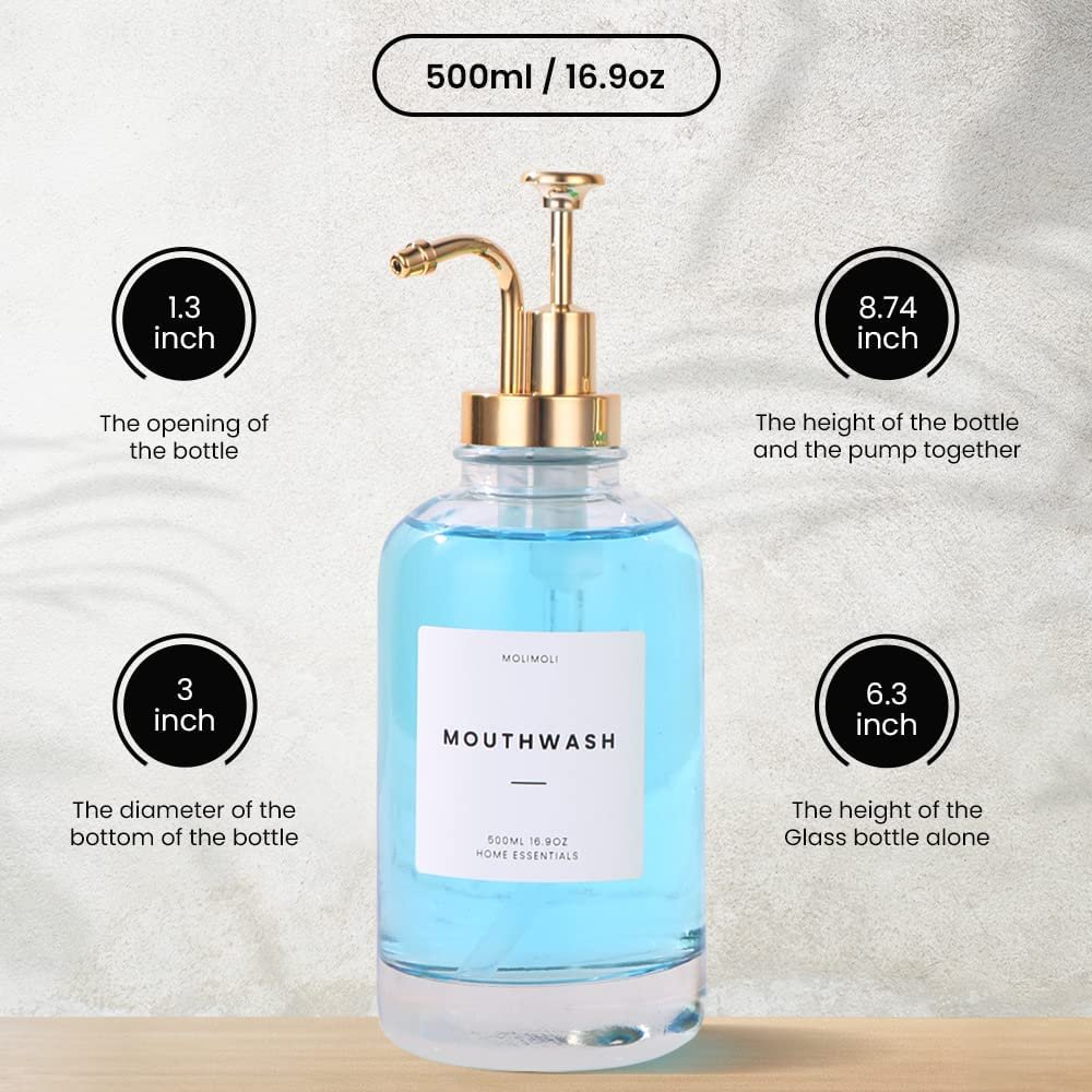 16OZ High Quality Mouth Wash Liquid Soap Bottle Glass Coffee Syrup Dispensers Mouth Wash Dispenser with gold pump