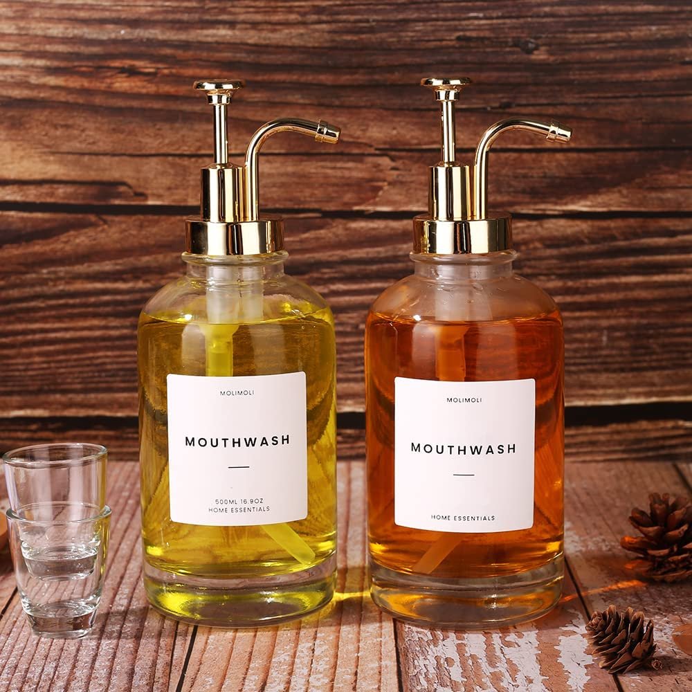 16OZ High Quality Mouth Wash Liquid Soap Bottle Glass Coffee Syrup Dispensers Mouth Wash Dispenser with gold pump
