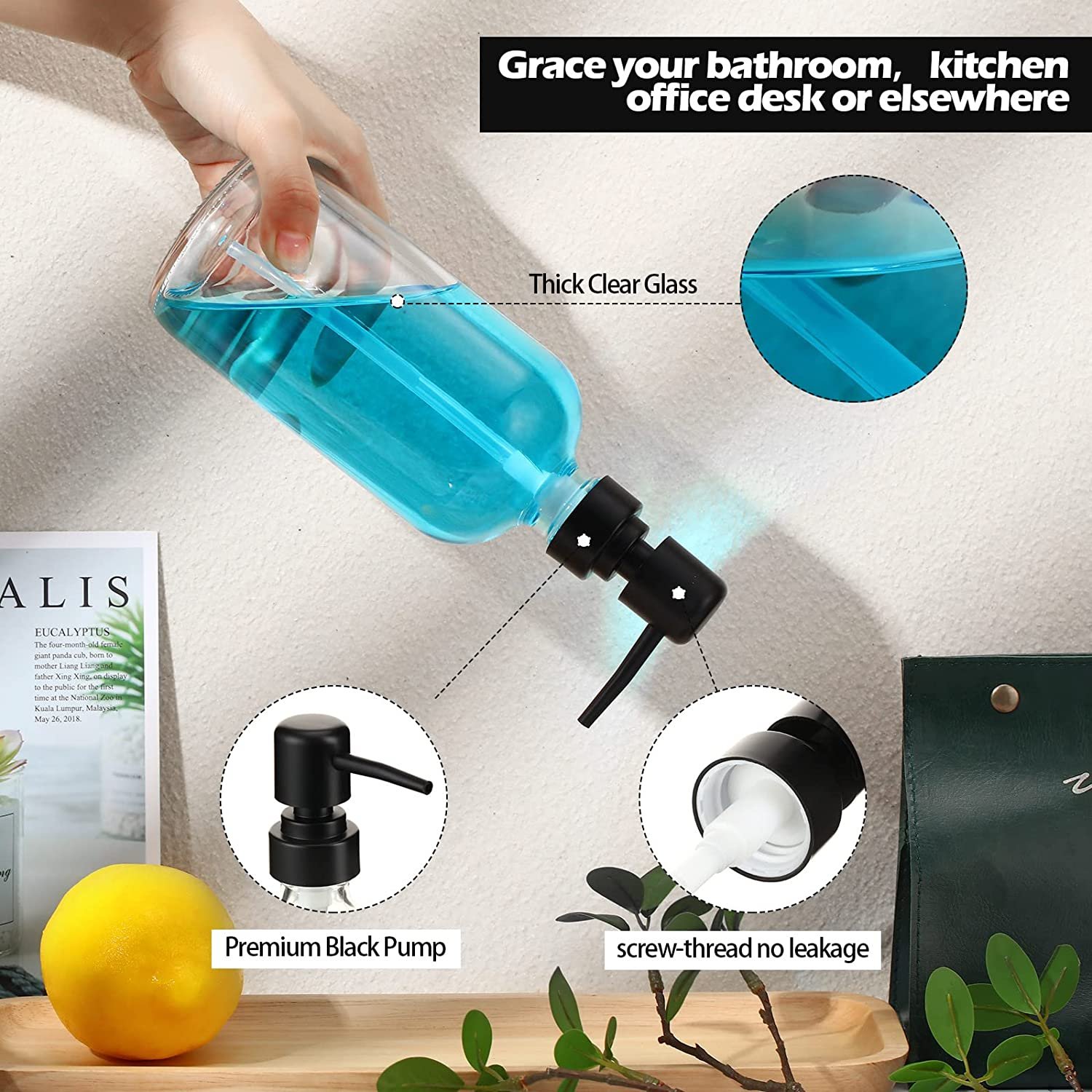 16 oz Thick Clear Glass Pint Jar Soap Dispenser with Matte Black Pump Round Bottles Dispenser Clear Dish Soap Dispenser