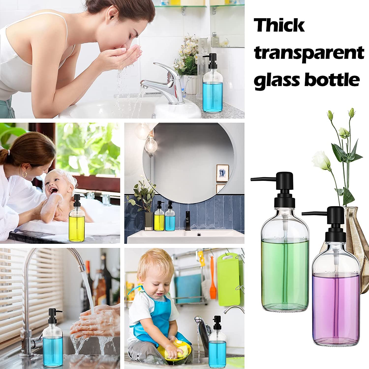 16 oz Thick Clear Glass Pint Jar Soap Dispenser with Matte Black Pump Round Bottles Dispenser Clear Dish Soap Dispenser