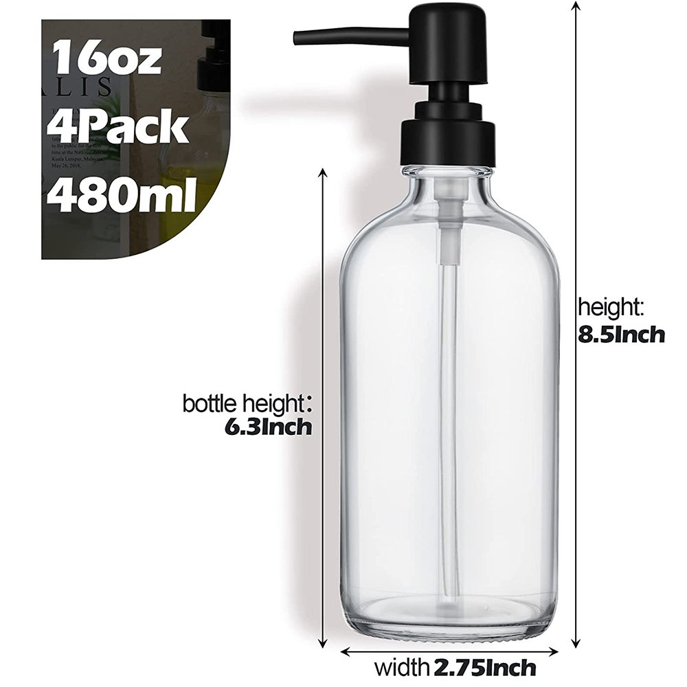 16 oz Thick Clear Glass Pint Jar Soap Dispenser with Matte Black Pump Round Bottles Dispenser Clear Dish Soap Dispenser