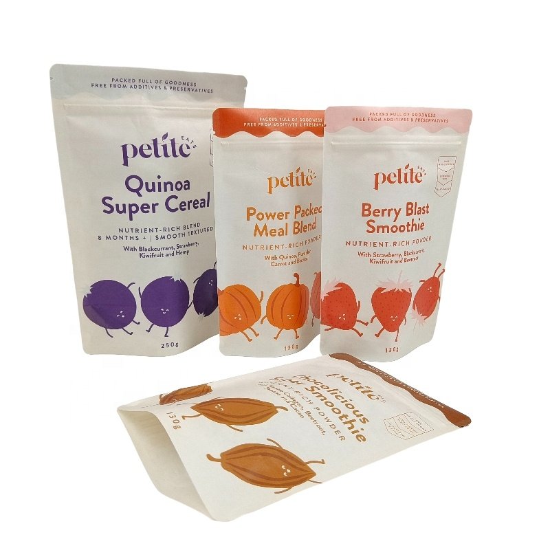 Recyclable White Brown Kraft Paper Doypacks Custom Pet Food Nut Peanut Tea Candy Cookie Packaging Biodegradable Kraft Paper Bag