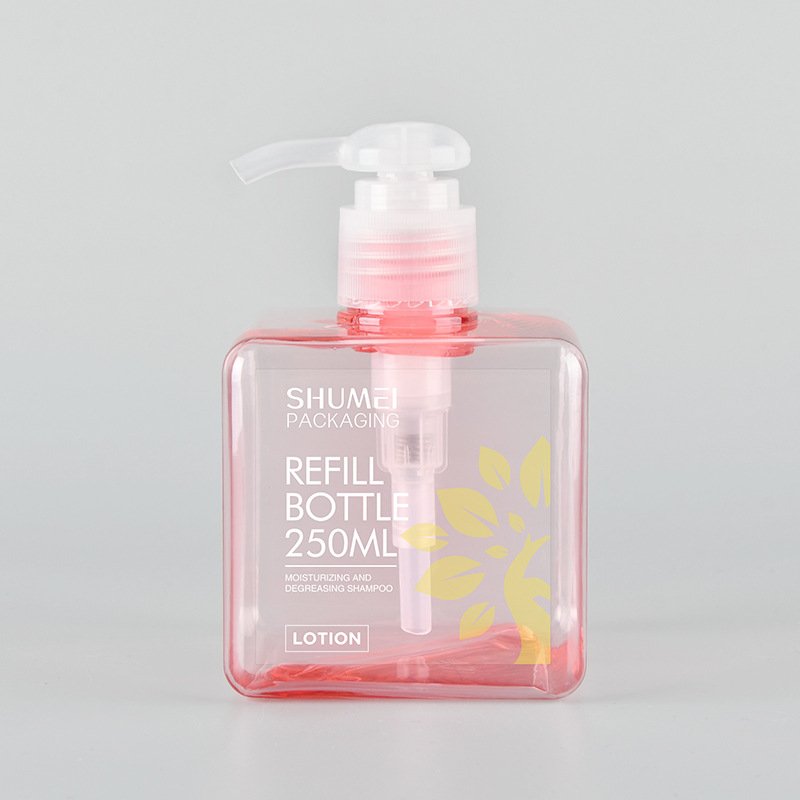 High Quality Private Label Plastic PETG Square 250ml Lotion Bottle Customized Logo Pink White Hand Soap Bottles For Bathroom