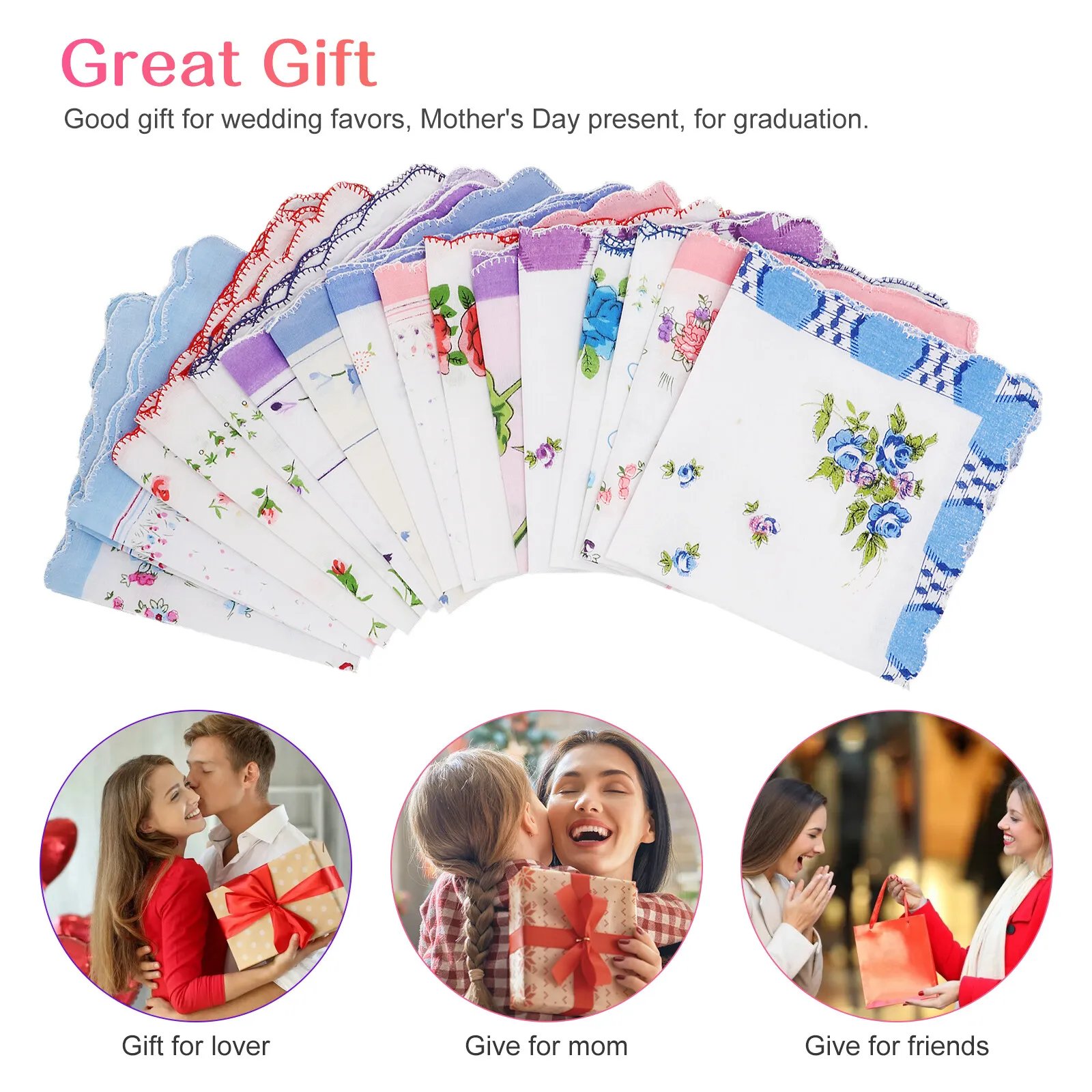 Lady Handkerchiefs 100% Cotton Hankies Pocket Vintage Classic Handkerchief (20pcs as a set)