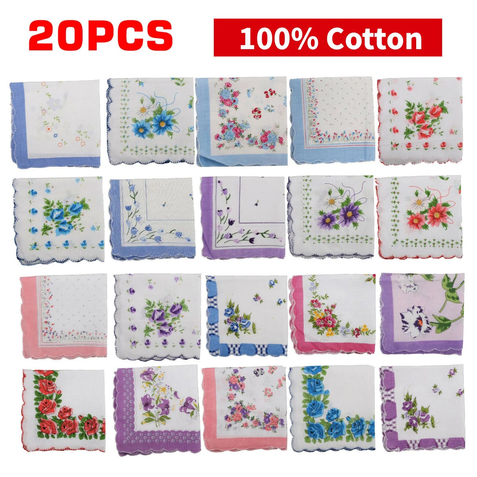 Lady Handkerchiefs 100% Cotton Hankies Pocket Vintage Classic Handkerchief (20pcs as a set)