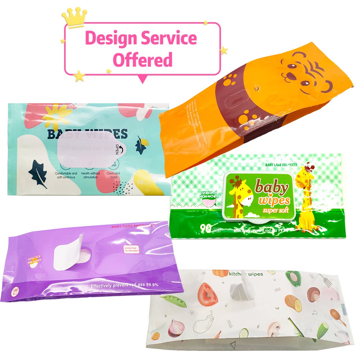 Manufacturer Customized Print Disposable Laminated Heat Seal Kitchen Baby Wet Tissue Wipes Packaging Plastic Bags With Stickers