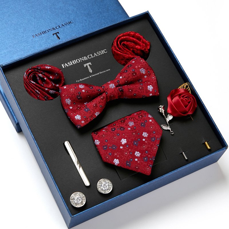 High Quality Silk Tie Pocket Squares Cufflink Handkerchief Box For Men Blue Floral Wedding Suit Accessories Holiday Gift Box