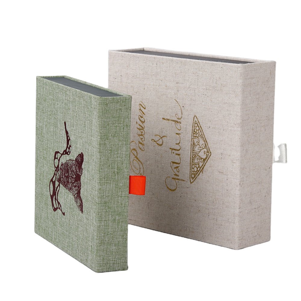 Simple Elegant Linen Fabric Book Shape Magnetic Closure Gift Box Wallet Handkerchief Packaging Box with Silver Gifts and Crafts