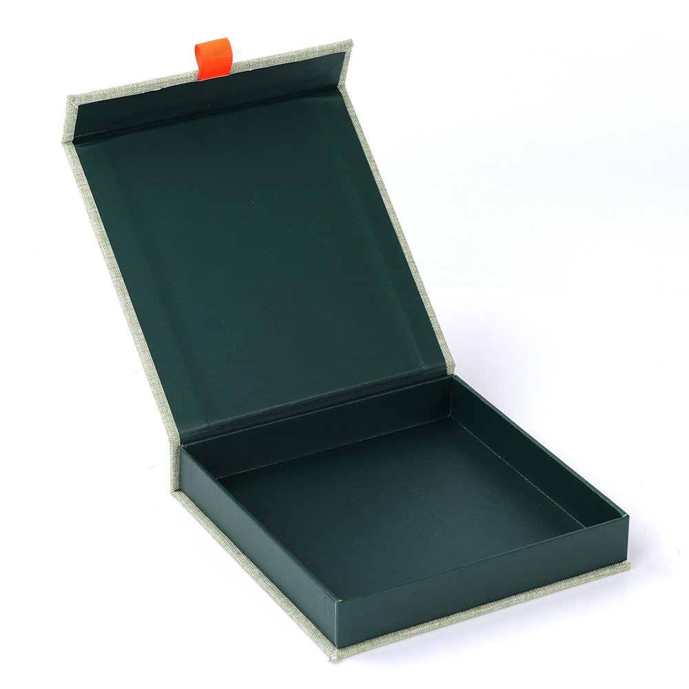 Simple Elegant Linen Fabric Book Shape Magnetic Closure Gift Box Wallet Handkerchief Packaging Box with Silver Gifts and Crafts
