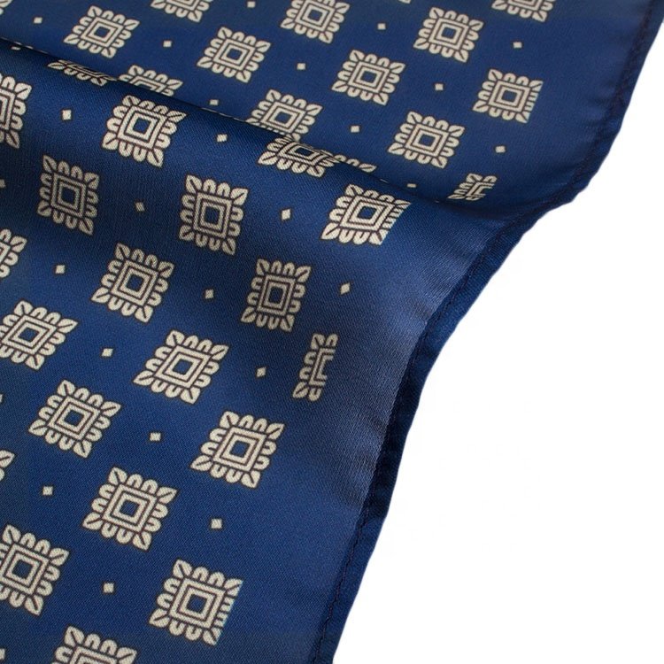 Suppliers Blue Real Silk Plaid Pattern Printed Handkerchief Classic Handkerchief