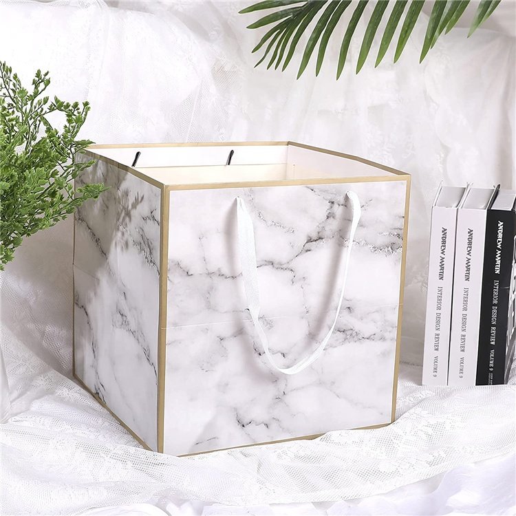 Heavy Duty Recycled White Gloss Paper Extra Large Marble Print Flower Gift Bag with Nylon Rope Handles
