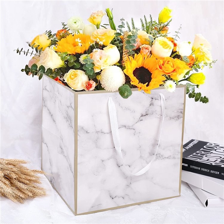 Heavy Duty Recycled White Gloss Paper Extra Large Marble Print Flower Gift Bag with Nylon Rope Handles