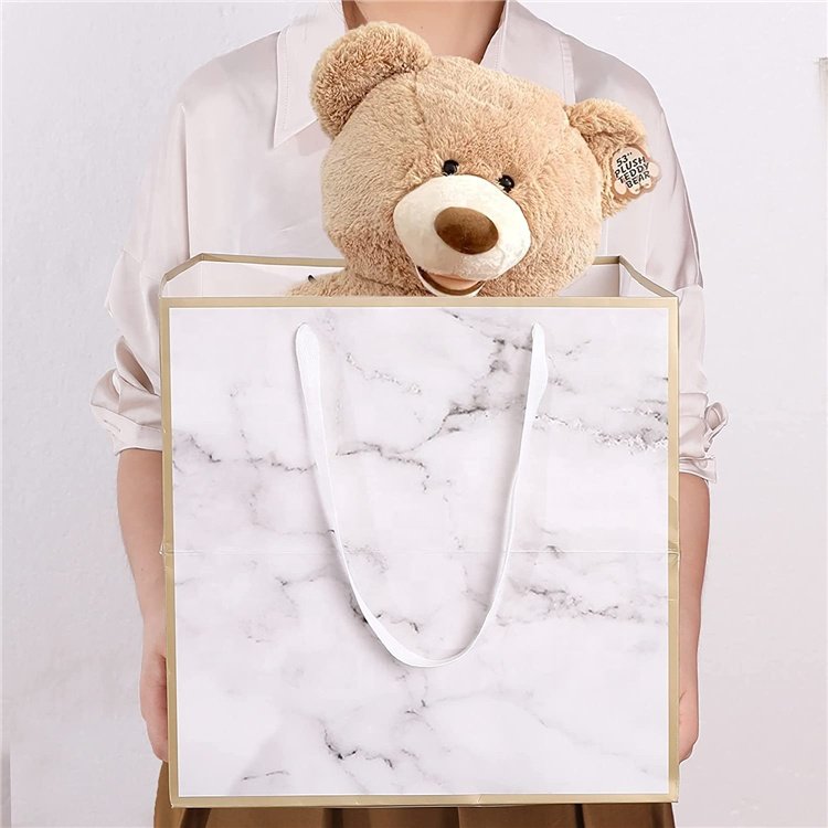 Heavy Duty Recycled White Gloss Paper Extra Large Marble Print Flower Gift Bag with Nylon Rope Handles