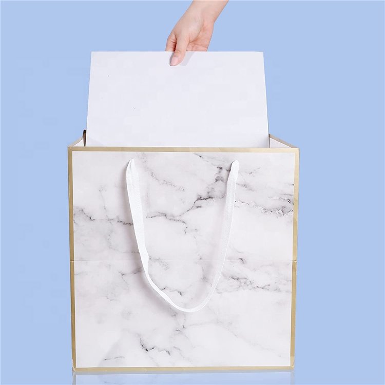 Heavy Duty Recycled White Gloss Paper Extra Large Marble Print Flower Gift Bag with Nylon Rope Handles