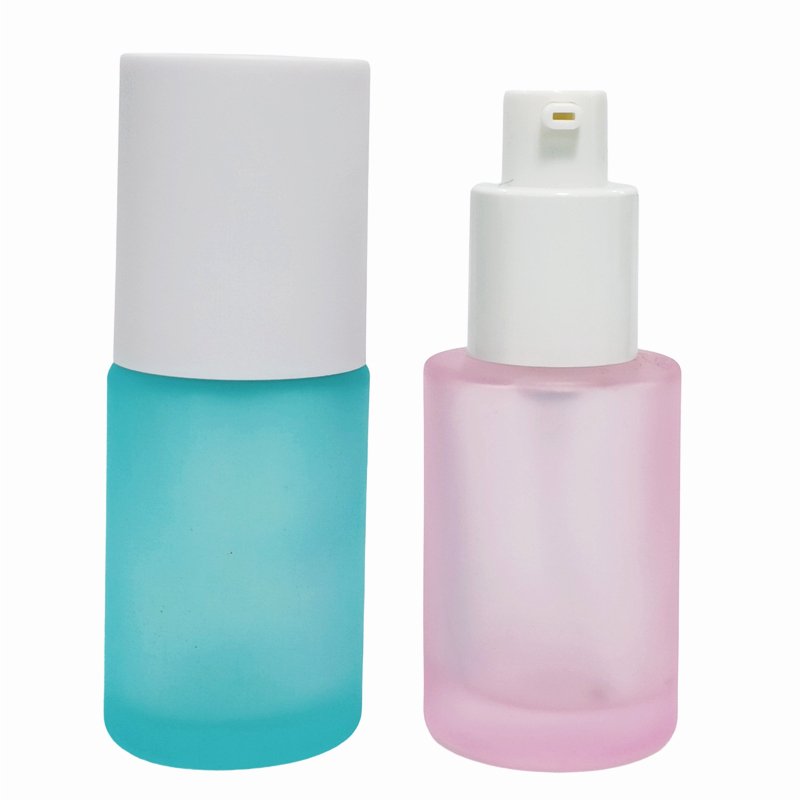 Premium cosmetic packaging 30ml pink frosted spray bottle glass with white gold cap envases cosmeticos goteros de vidrio
