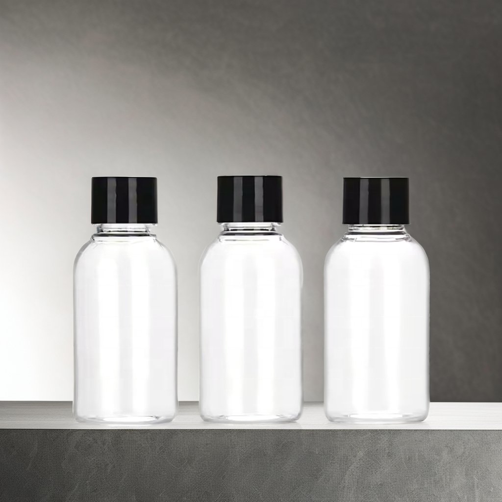Empty Skin Care Small Clear Travel Plastic Bottles 1oz 30ml 60ml 100ml Cosmo round Body Oil with Gel Cap for Packaging