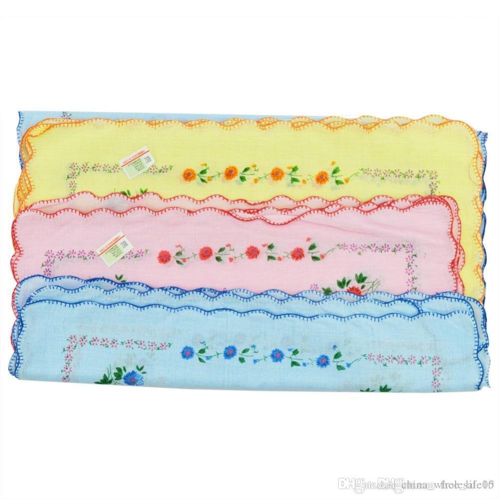 12 Pcs Lot Women Lady Child 100% Cotton Flower Handkerchiefs Quadrate Hankies