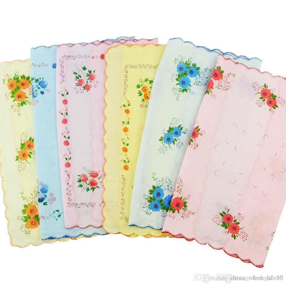 12 Pcs Lot Women Lady Child 100% Cotton Flower Handkerchiefs Quadrate Hankies
