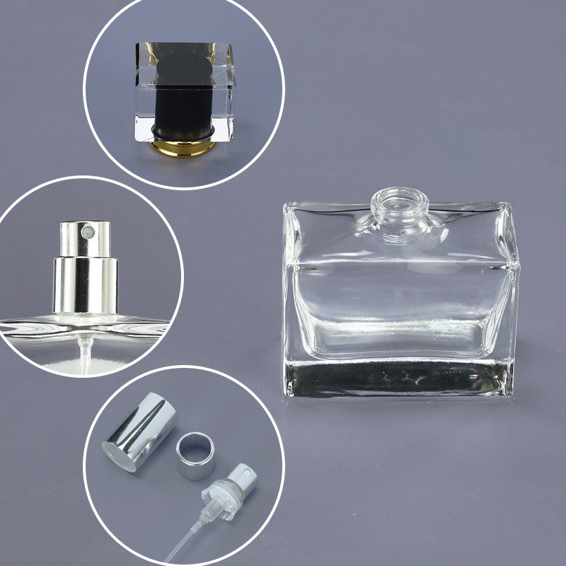 Factory glass perfume bottle 30ml dispenser bottle spray acrylic cover rectangular thick bottom retro portable