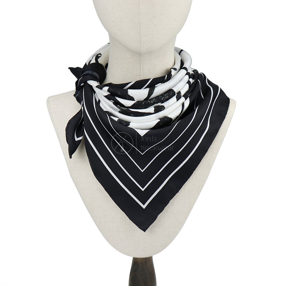 Handmade Black And White Silk Twill Designer Scarf Handkerchief Set Custom Printed Scarves Manufacturers