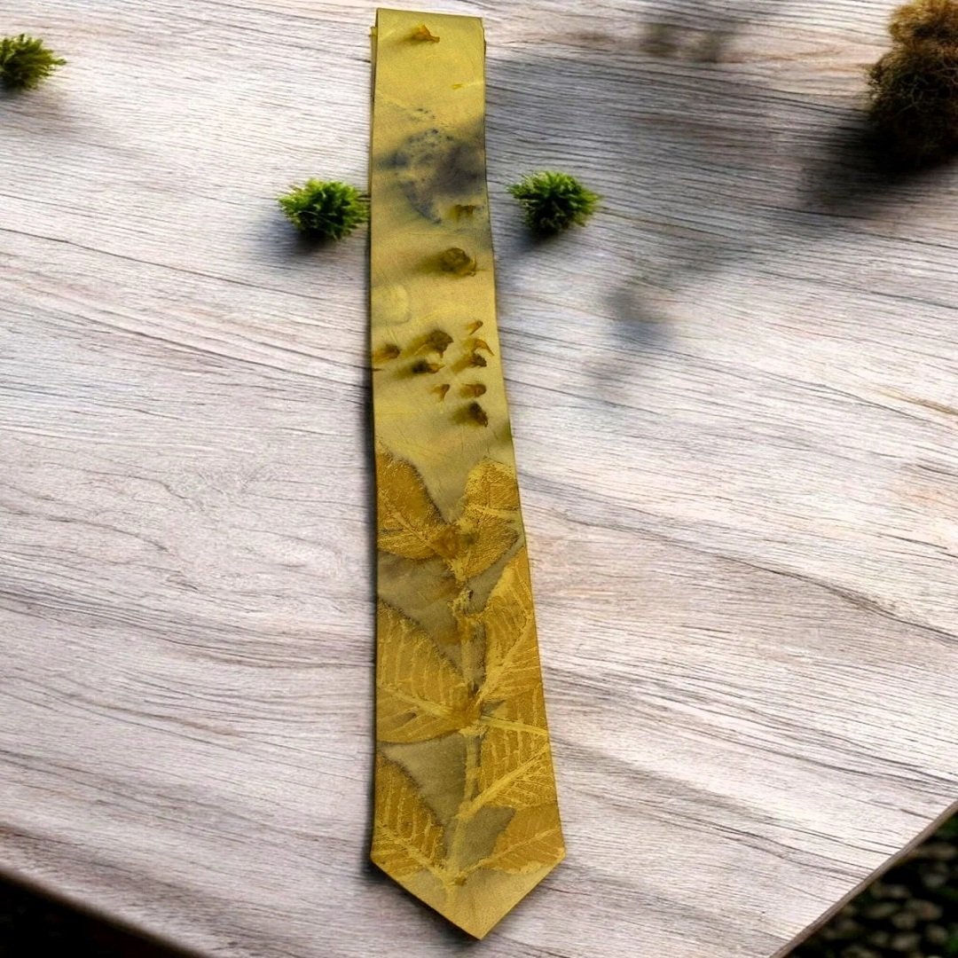 Wholesale Ecoprinted Pure Silk Yellow Floral Tie and Pocket Square Set Formal Luxury Classic Business Necktie for Men