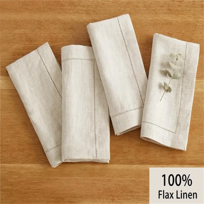 Custom 100% Flax Linen Hemstitch Napkins Handmade Classic Square Napkins for Dinner Wedding and Parties Natural Style