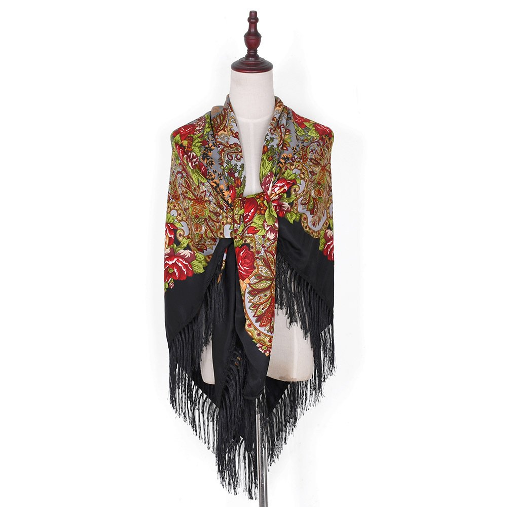 Russian Scarf Big Shawl Fringed Handkerchief Blanket Square National Women Ethnic Retro Style Floral Ladies Head Wrap 155cm