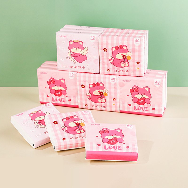 FSC Pink Love Fox Portable Facial Tissues Wood Pulp Color Printed Soft 40 Pull Cute Cartoon Handkerchief Pocket Tissue