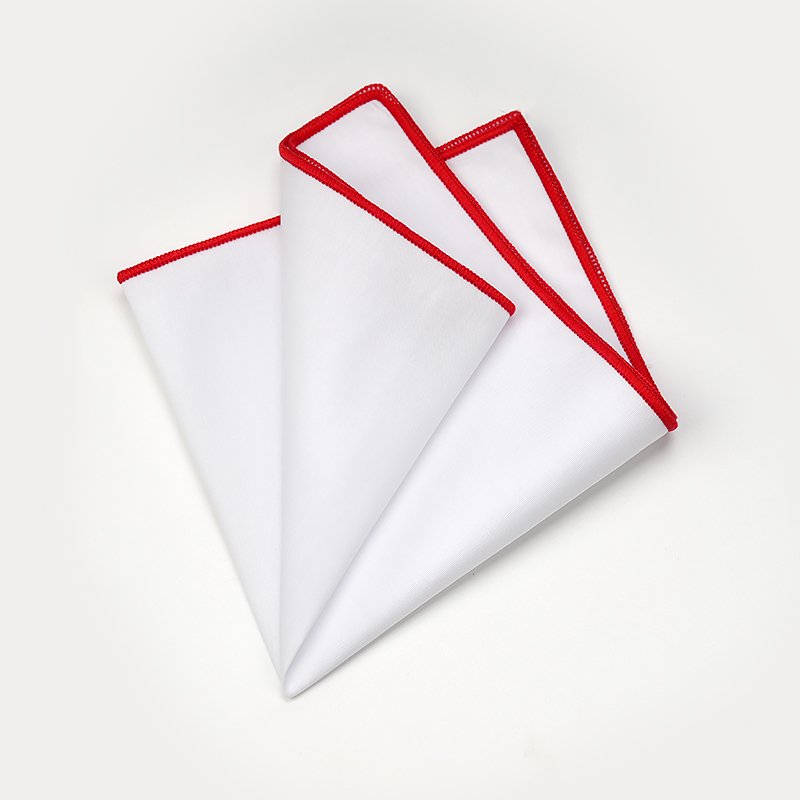 100% Cotton Red Hand Rolled Edges Plain White Pocket Square Handkerchiefs for Wedding