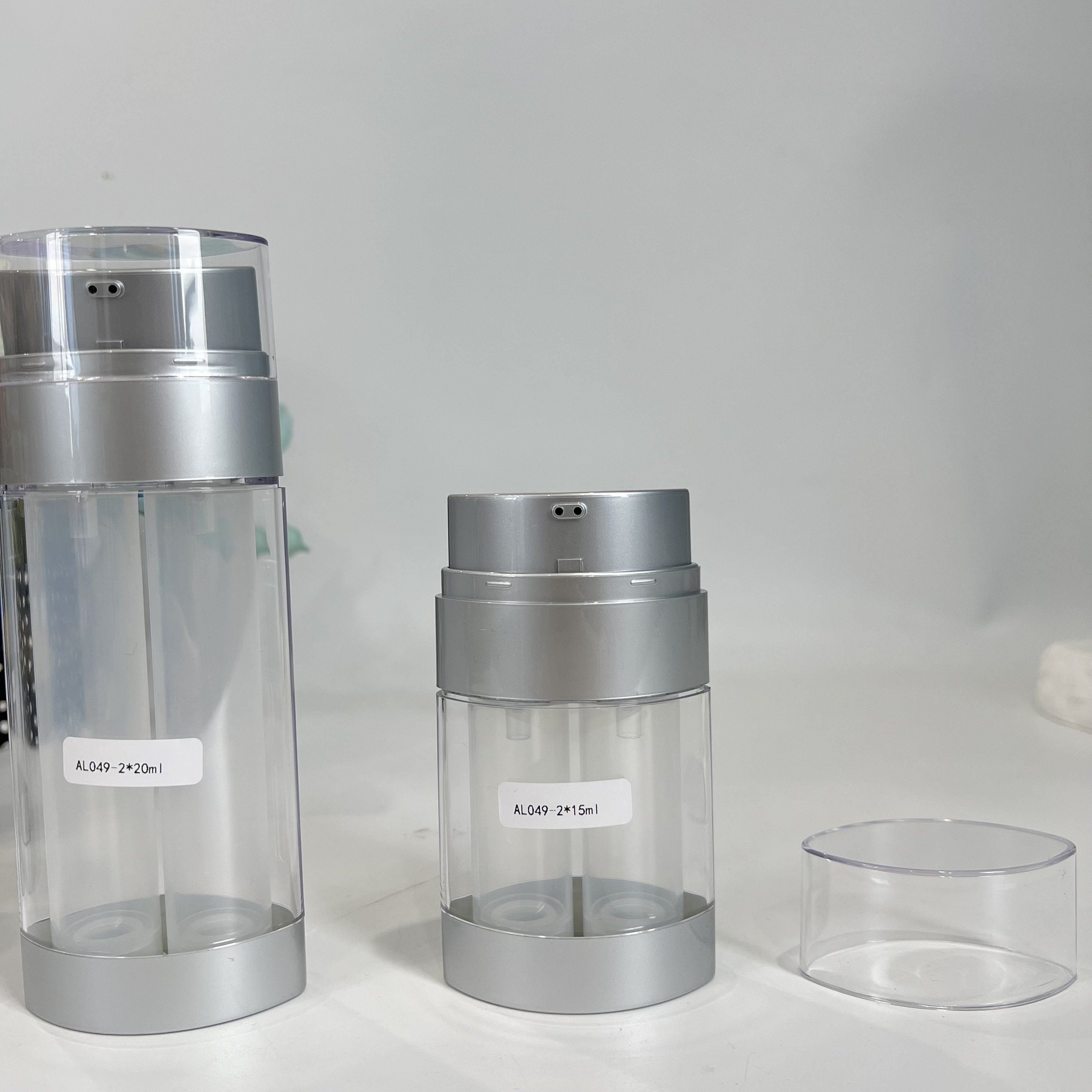 Recycled cosmetic packaging lotion serum dual chamber acrylic airless bottle 2*20ml 2*15ml