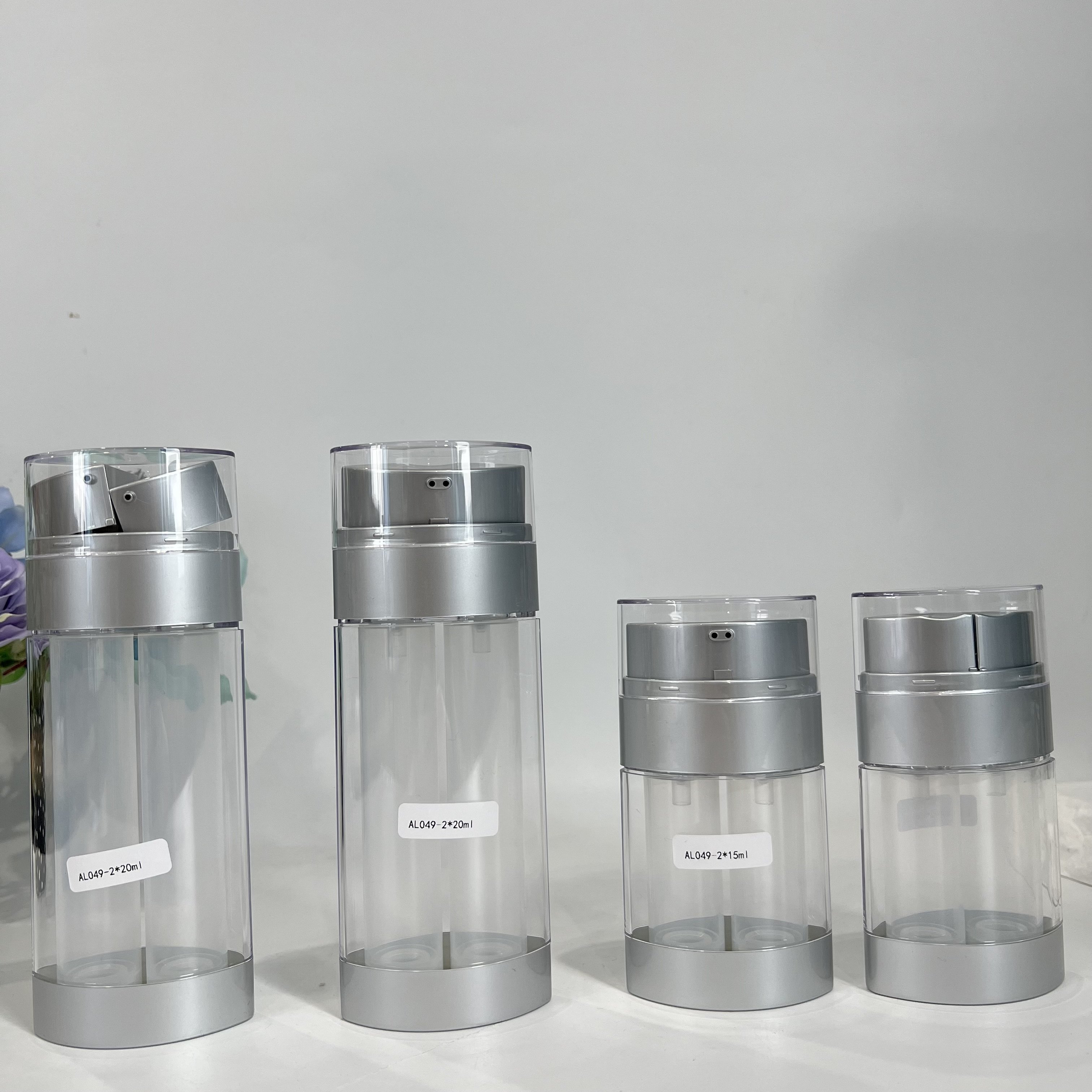 Recycled cosmetic packaging lotion serum dual chamber acrylic airless bottle 2*20ml 2*15ml