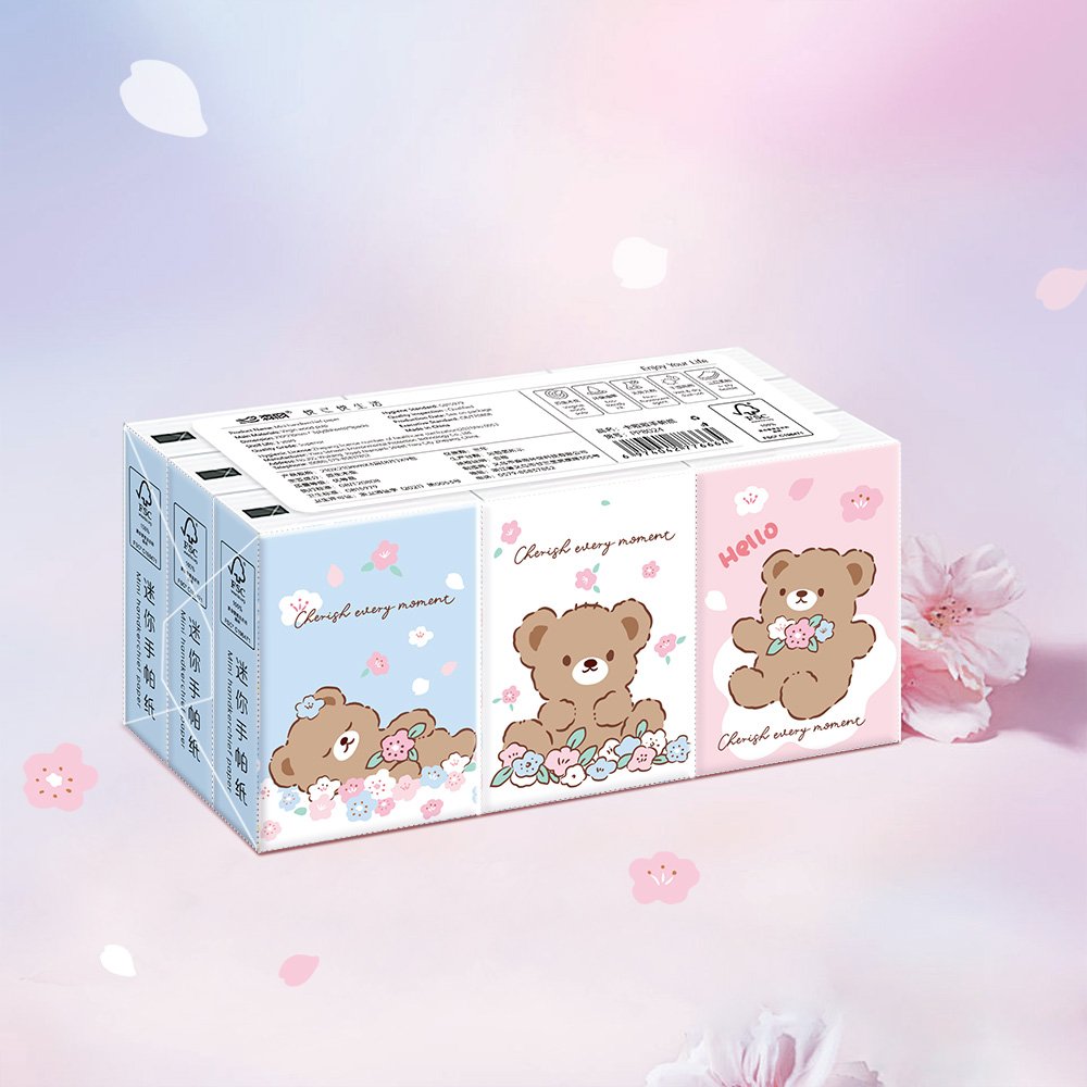 FSC Mini Bear Pocket Tissues 9 Pcs/Pack Travel Tissues Cute Bear Dry & Wet Dual Purpose Paper Handkerchief Portable Tissue