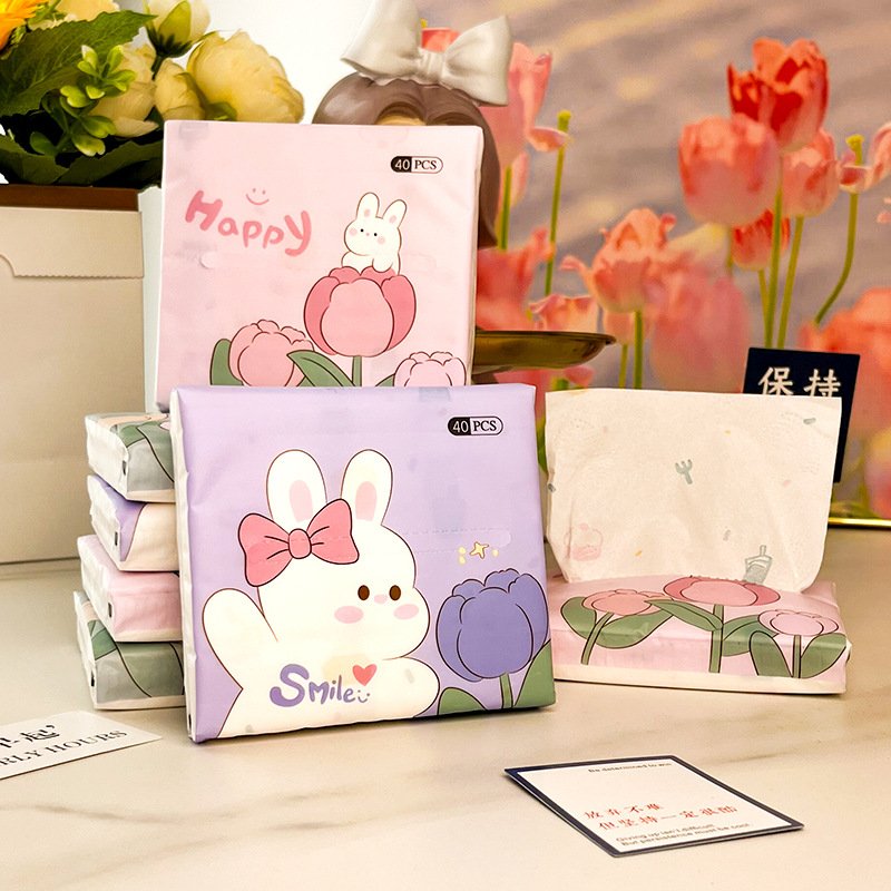 FSC Happy Rabbit Portable Facial Tissues Wood Pulp Color Printed Soft 40 Pull Cute Cartoon Handkerchief Pocket Tissue