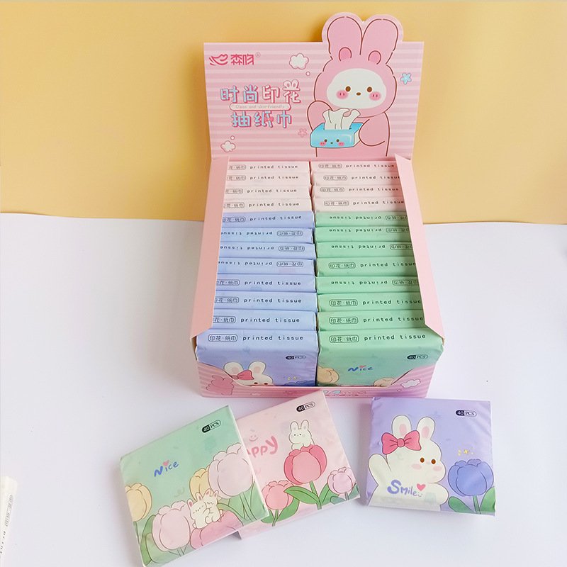 FSC Happy Rabbit Portable Facial Tissues Wood Pulp Color Printed Soft 40 Pull Cute Cartoon Handkerchief Pocket Tissue