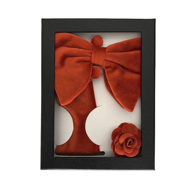 High Quality Solid Color Gold Velvet Bow Tie Brooch Cufflinks Square Scarf Four Piece Mens Gift Box Set