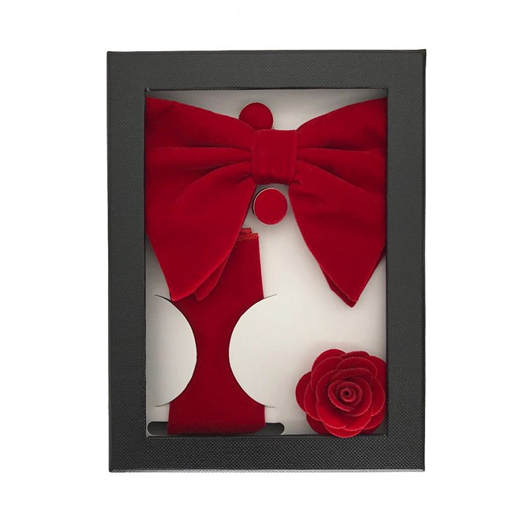 High Quality Solid Color Gold Velvet Bow Tie Brooch Cufflinks Square Scarf Four Piece Mens Gift Box Set