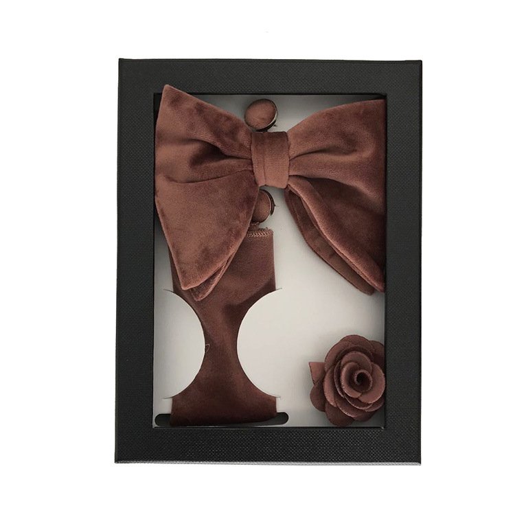 High Quality Solid Color Gold Velvet Bow Tie Brooch Cufflinks Square Scarf Four Piece Mens Gift Box Set