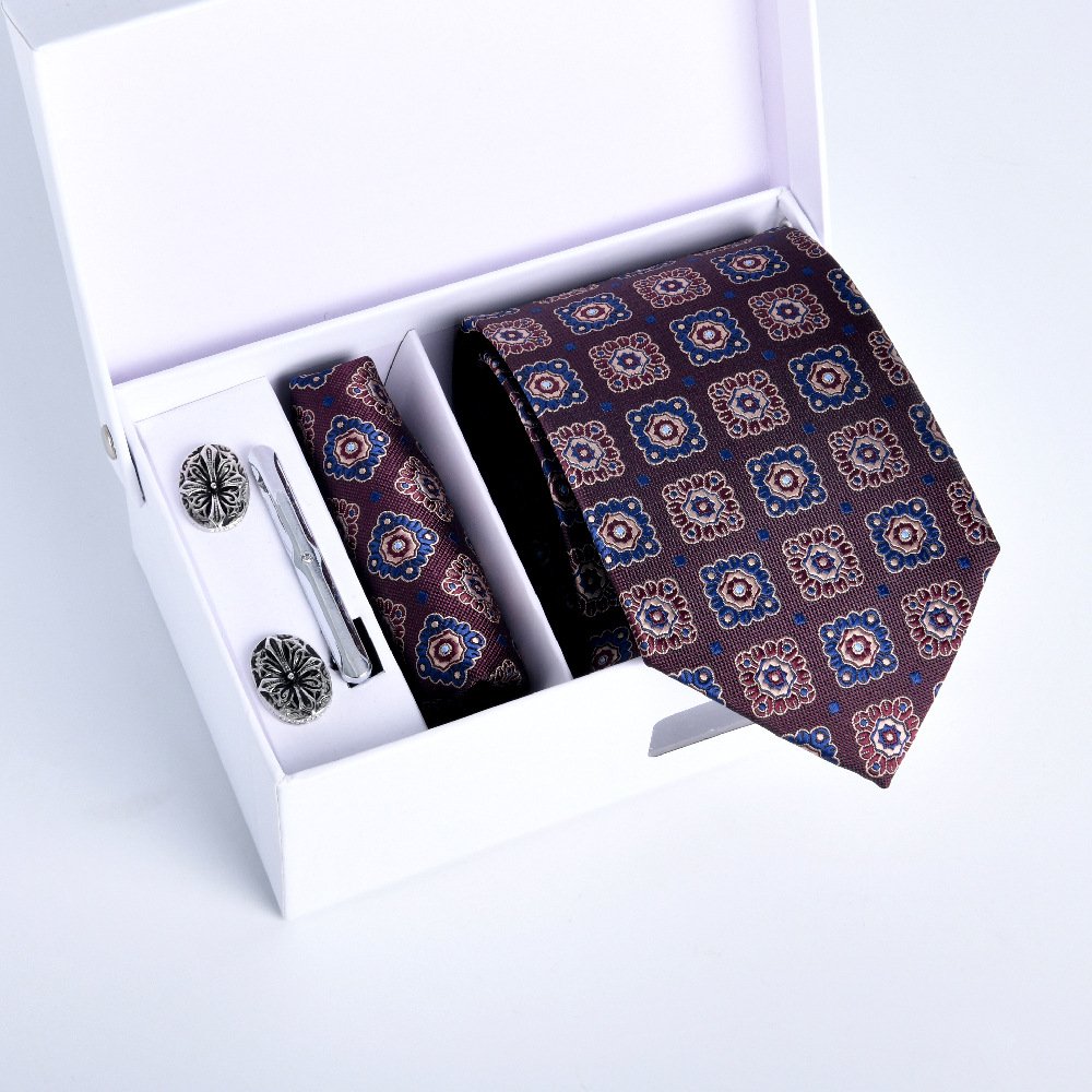 2024 New 5-piece white gift Box Striped jacquard square cufflink tie clip set men's tie set wholesale