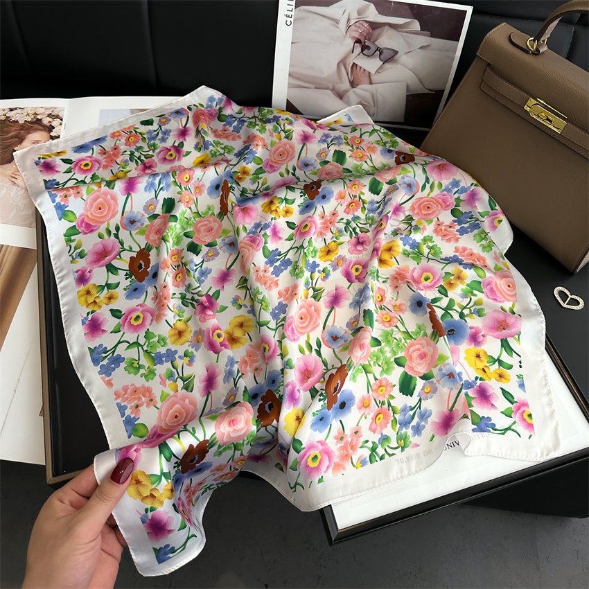 Elegant Floral Silk Square Scarf Women Spring New Hair Scarf Neck Kerchief Bandana Female Foulard Hair Wrapping Handkerchief