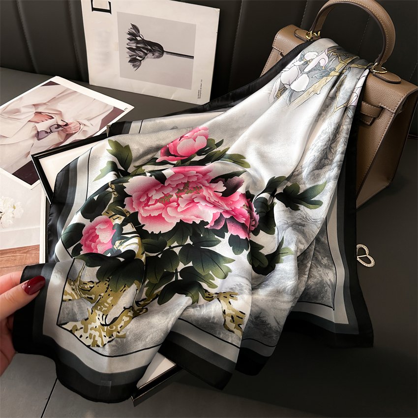 Elegant Floral Silk Square Scarf Women Spring New Hair Scarf Neck Kerchief Bandana Female Foulard Hair Wrapping Handkerchief