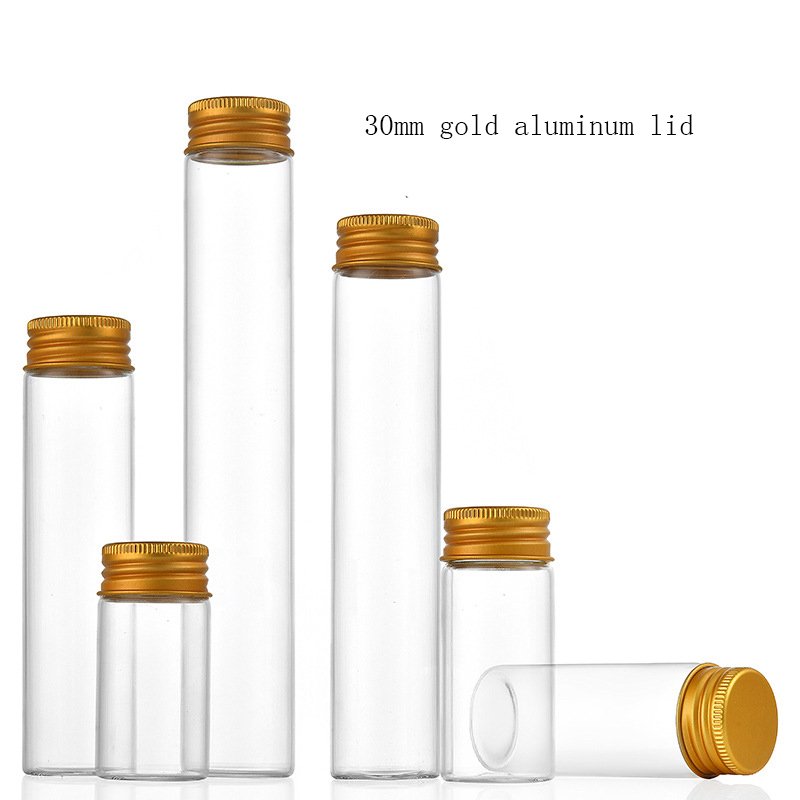 30mm Dia Empty Borosilicate bottle Transparent Glass Test Tube with gold Aluminum Screw Caps for Bath Salt Wishing Bottles
