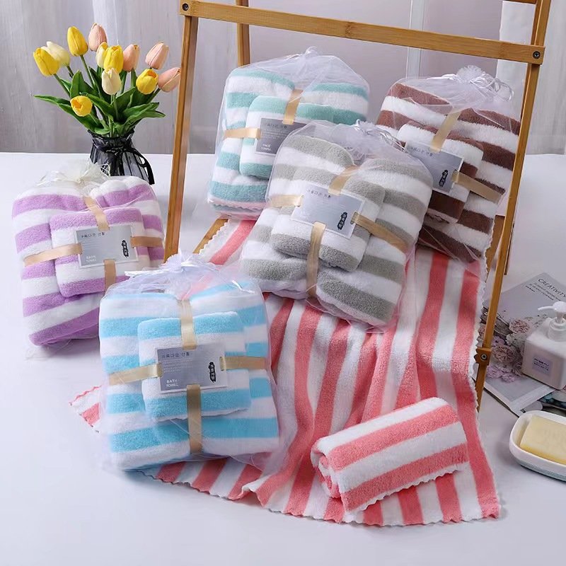 High-density padded high-grade warp knitted coral fleece mother towel soft absorbent towel bath towel set candy strip pattern