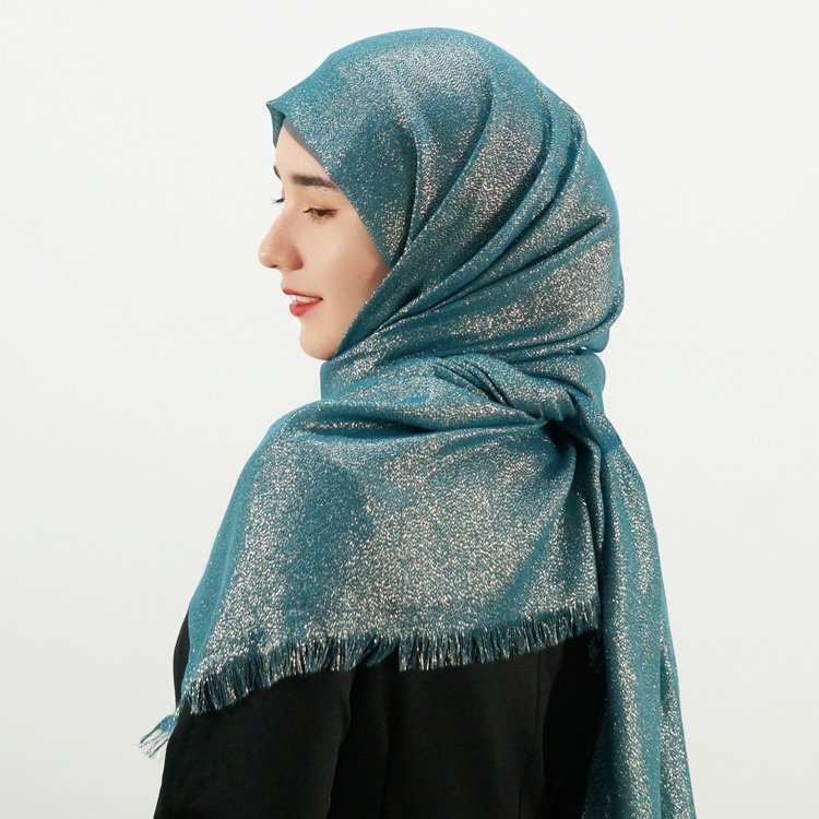 Luxury designer fashion solid color women shiny foulards kashkha silk scarf glitter gold head scarf satin voile hijab dubai 2024