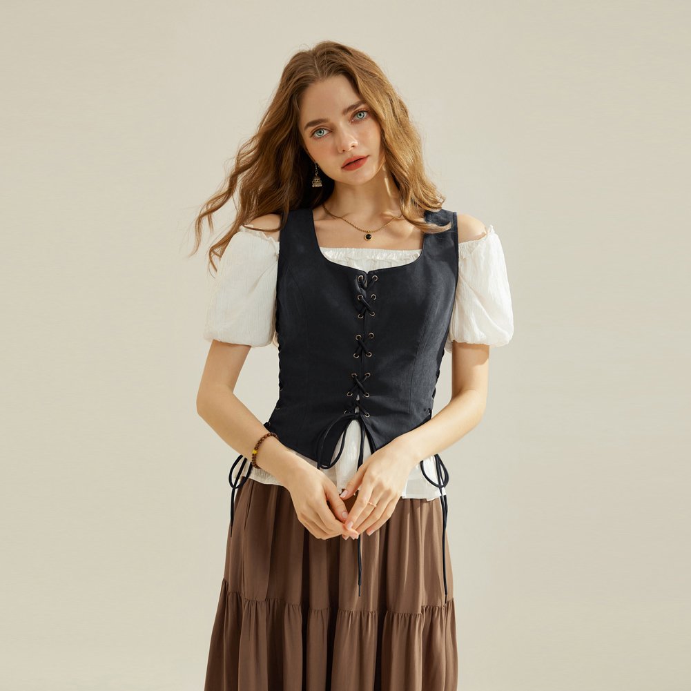 OEM Women Renaissance Lace-Up Sleeveless Square Neck Handkerchief Hem Vest Vintage Victorian Corset