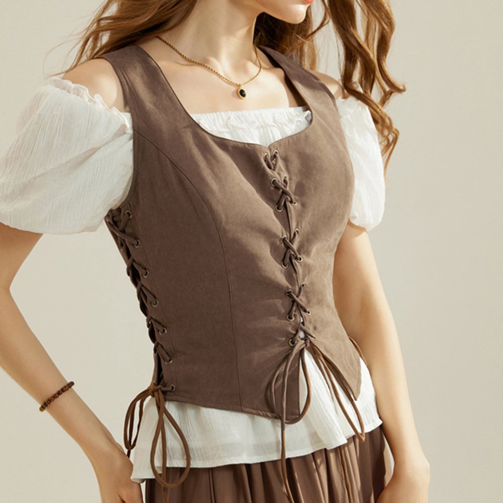 OEM Women Renaissance Lace-Up Sleeveless Square Neck Handkerchief Hem Vest Vintage Victorian Corset