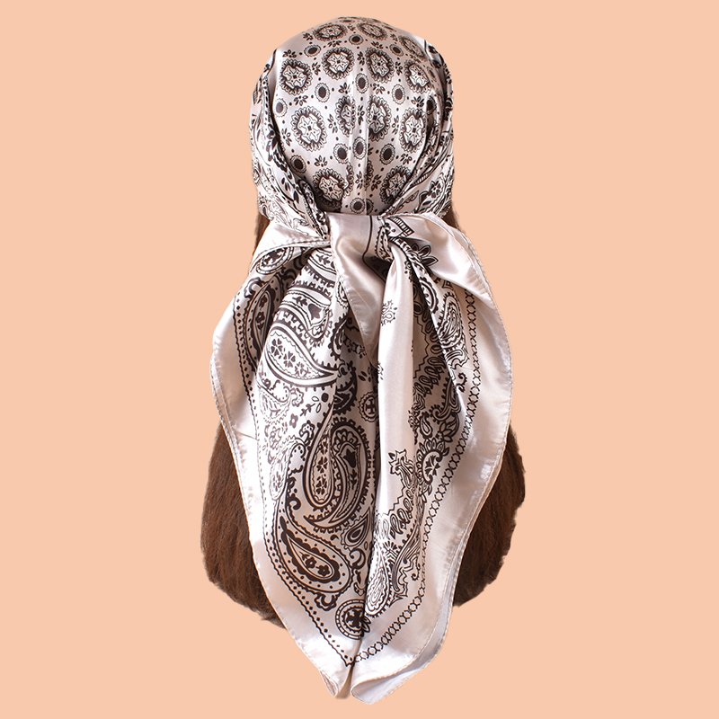 2024 New 90 * 90 Satin Checkered Cashew Flower Printed Women's Handkerchief Silk Scarf bandannas Customized Design Scarf