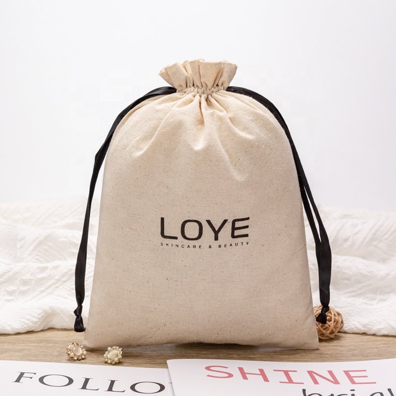 Eco-friendly Recyclable Custom Logo Print White Cotton Canvas Drawstring Shoe Dust Bag Jewelry Draw String Pouch