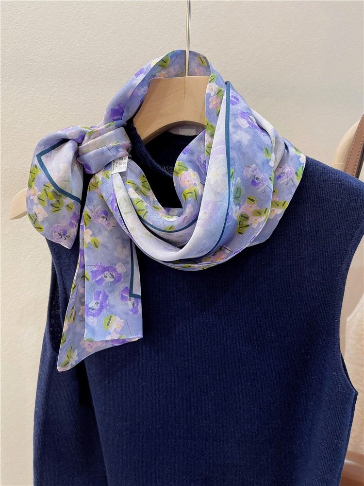 100% Pure Silk Fabric Long Double-layered Neck Scarf Elegant Style Printed Ladies European Handkerchief 16*145CM Women Adult JH