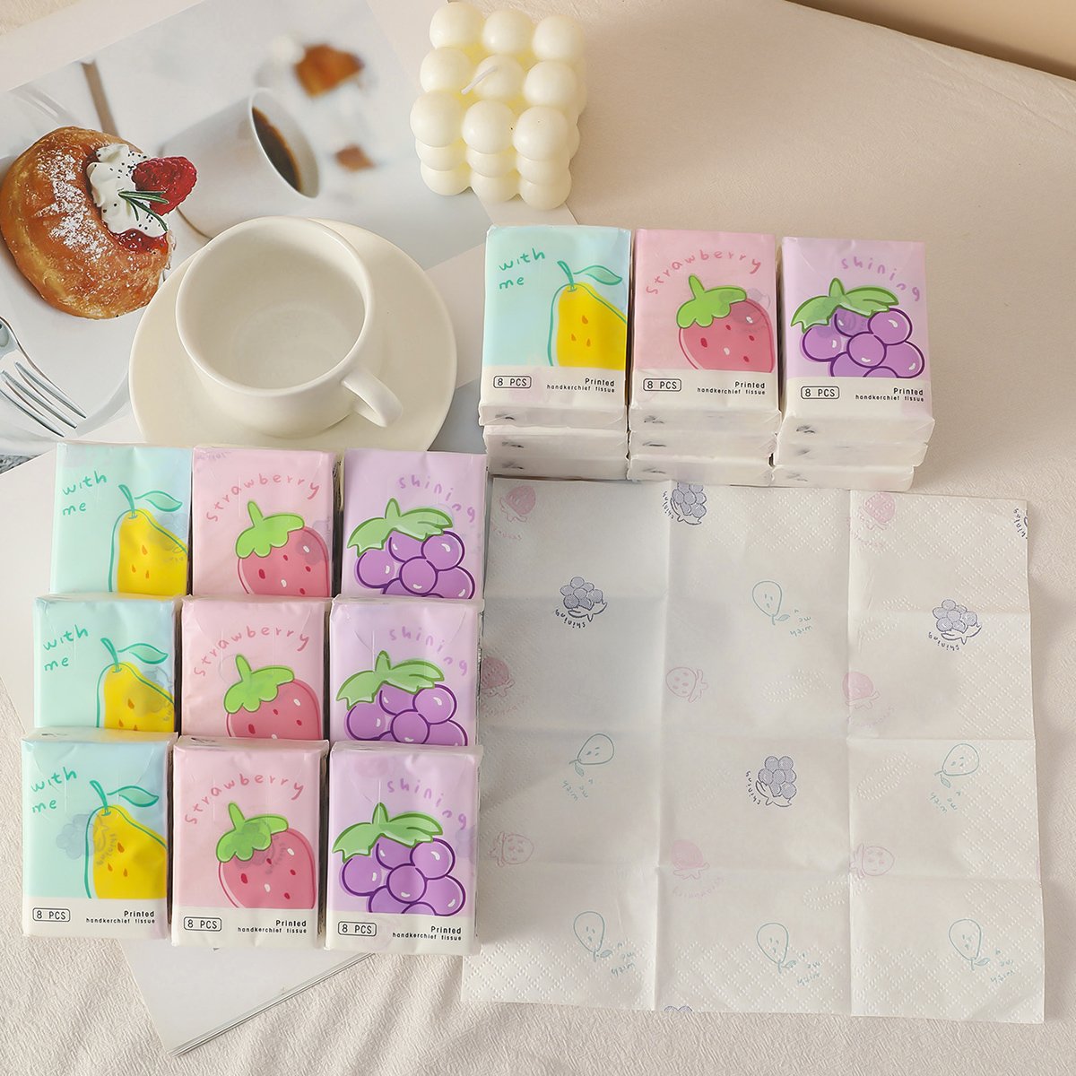 Delicious Fruit Pocket Tissues Travel Tissues FSC Cartoon Dry & Wet Dual Purpose Paper Handkerchief Portable Hand Towel Tissue